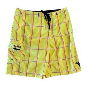 Hurley Mens Board Shorts Surfing Swimwear Cargo Pockets Yellow Plaid Size 33